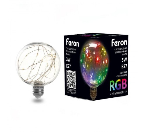 Лампа светодиодная, (3W) 230V E27 RGB G95, LB-382  41678  FERON