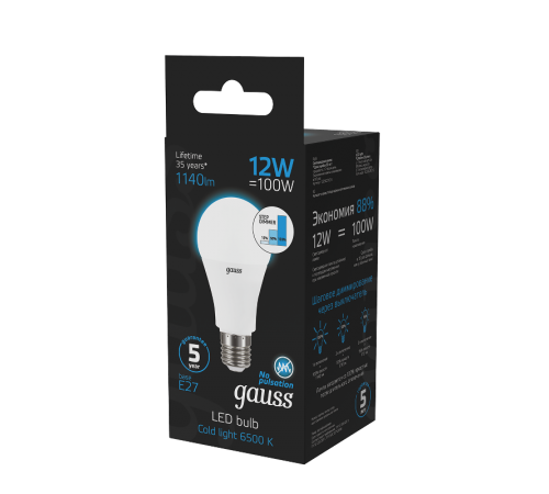 Лампа светодиодная A60 12W 1140lm 6500K Е27 шаг. диммирование LED 1/10/50  102502312-S  Gauss