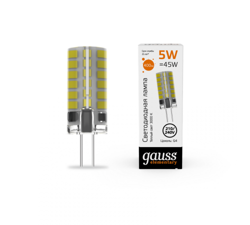 Лампа светодиодная Elementary G4 AC210-240V 5W 400lm 3000K силикон LED 1/20/200  18015  Gauss