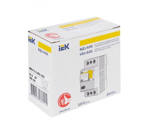 Выключатель дифференциальный (УЗО) ВД1-63S 2п 63А 300мА тип AC  MDV12-2-063-300  IEK
