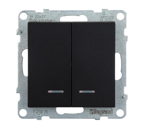 SUNO Выключатель двухклавишный 10АХ 250В с подсветкой/индикацией. Безвинтовые зажимы. Цвет "Антрацит"  721415  Legrand