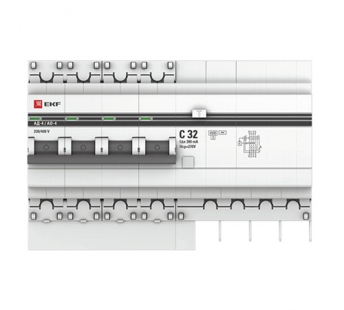 Выключатель автоматический дифференциального тока АД-4 32А/300мА (характеристика C, АС, электронный, защита 270В) 4,5кА PROxima  DA4-32-300-pro  EKF
