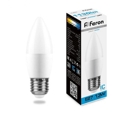 Лампа светодиодная, (13W) 230V E27 6400K С37, LB-970  38112  FERON