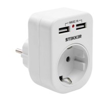 Переходник сетевой с/з (+ 2 USB 2,1А), 250В, 16A, ADP16-24-20, белый  39626  STEKKER