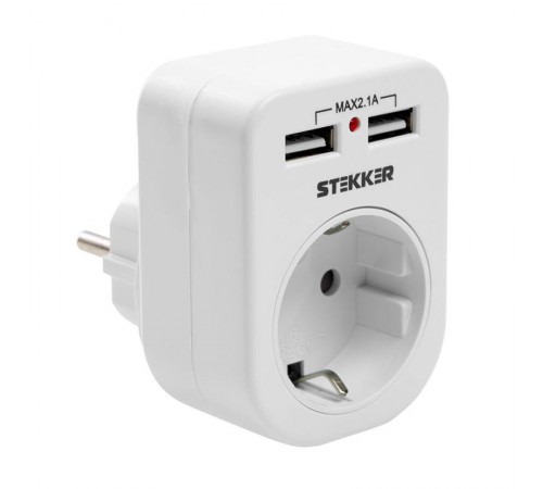 Переходник сетевой с/з (+ 2 USB 2,1А), 250В, 16A, ADP16-24-20, белый  39626  STEKKER