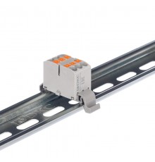 Блок распределительный с гориз. адаптером на рейку шириной 35мм, зажим push-in, 6 точек подключения 2,5 кв.мм, серый  DTP1-006-04SPUG-H  DKC