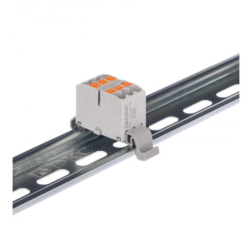 Блок распределительный с гориз. адаптером на рейку шириной 35мм, зажим push-in, 6 точек подключения 2,5 кв.мм, серый  DTP1-006-04SPUG-H  DKC