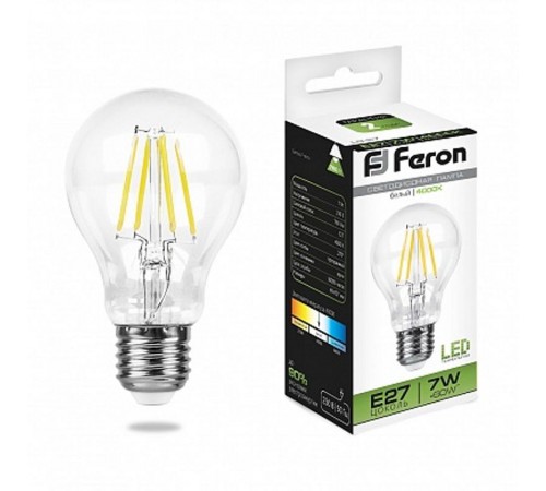 Лампа светодиодная LB-57 (7W) 230V E27 4000K филамент A60 прозрачная  25570  FERON