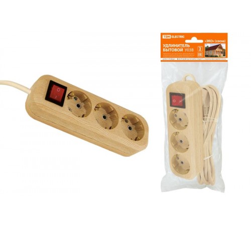 Удлинитель бытовой  У03В выключатель, 3 гнезда, 5метров,2П+3, ПВС 3х1мм2 "Эко" (сосна) 16А/250В  SQ1303-2102  TDM