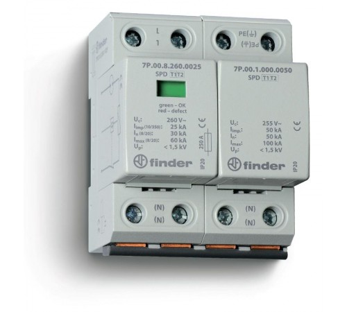 Устройство защиты от импульсных перенапряжений УЗИП тип 1+2 (1 варистор/искровый разрядник + 1 искровый разрядник); модульный  7P0282601025  Finder