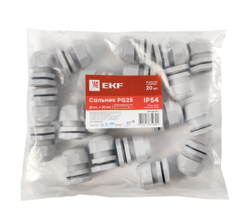 Сальник PG25 IP54 (20 шт) d отв. 31 мм / d провод. 16-21 мм PROxima  plc-pg-25-r  EKF