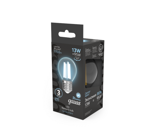 Лампа светодиодная Filament Шар 13W 1150lm 4100К Е27 LED 1/10/50  105802213  Gauss
