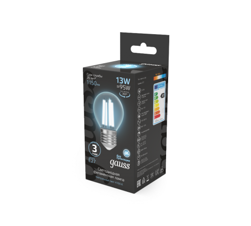 Лампа светодиодная Filament Шар 13W 1150lm 4100К Е27 LED 1/10/50  105802213  Gauss