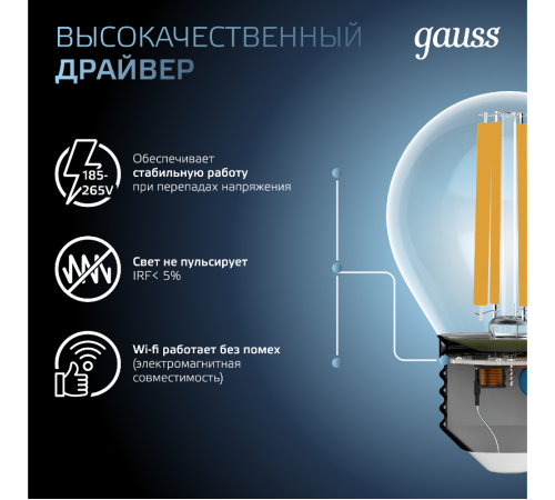 Лампа светодиодная Filament Шар 13W 1150lm 4100К Е27 LED 1/10/50  105802213  Gauss