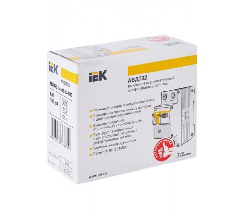Выключатель автоматический дифференциального тока АВДТ 32 1п+N 40А C 100мА тип A  MAD22-5-040-C-100  IEK