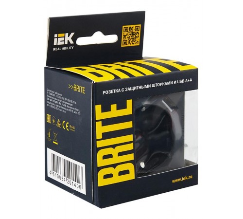 BRITE Розетка с заземлением со шторками 16А с USB A+A 3,1А РЮш10-2-БрГ графит  BR-R14-16-U21-D31-K53  IEK
