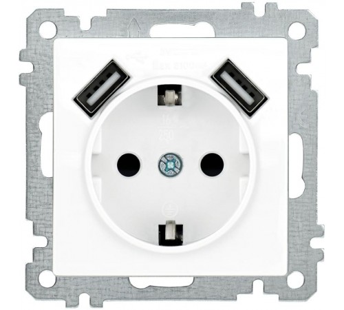 BOLERO белый Розетка с/з со шторкой 16А USBх2 2,1А РЮш10-1-Б ERB14-K01-16-U2  IEK