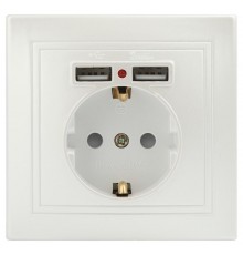 Розетка Intro Plano 1-410-06 с заземлением 2P+E Schuko со шторками, 16А-250В + 2хUSB 5В-2,1А, IP20, СУ, перламутр  Б0053947  Intro