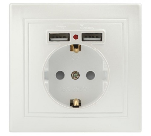 Розетка Intro Plano 1-410-06 с заземлением 2P+E Schuko со шторками, 16А-250В + 2хUSB 5В-2,1А, IP20, СУ, перламутр  Б0053947  Intro