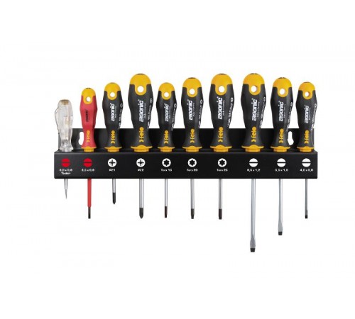 Набор отверток SL/PZ/Tx Ergonic, отвертка VDE и отвертка тестер-сети на стальной стойке, 10 шт  40091043  Felo