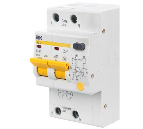 Выключатель автоматический дифференциального тока АД12 2п 40А C 30мА тип AC (3 мод)  MAD10-2-040-C-030  IEK