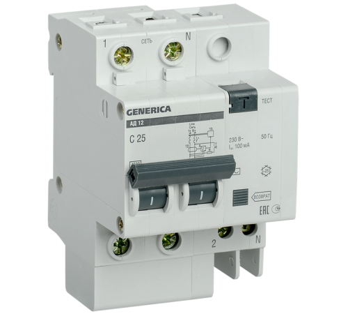 Выключатель автоматический дифференциального тока АД12 2п 25А C 100мА тип AC (4 мод)  MAD15-2-025-C-100  GENERICA