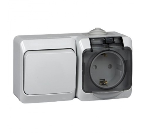 Этюд Серый О/У Блок Выключатель 1-клавишный + Розетка с заземлением со шторками IP44  BPA16-241C  SE