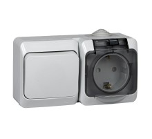 Этюд Серый О/У Блок Выключатель 1-клавишный + Розетка с заземлением со шторками IP44  BPA16-241C  SE