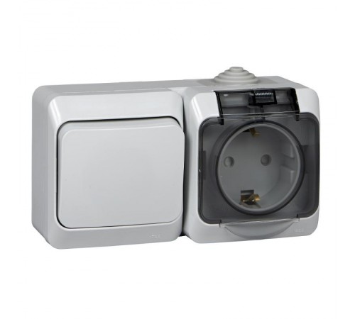 Этюд Серый О/У Блок Выключатель 1-клавишный + Розетка с заземлением со шторками IP44  BPA16-241C  SE