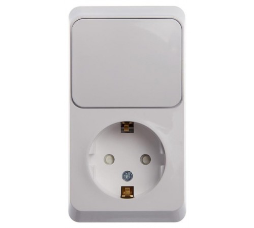 Этюд Белый О/У Блок: Розетка с заземлением со шторками + Выключатель 1-клавишный  BPA16-201B  SE