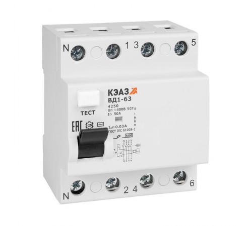 Выключатель дифференциальный (УЗО) ВД1-63-4450-АС-УХЛ4 4п 50А 300мА тип AC  221962  КЭАЗ