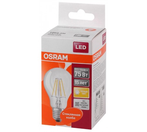 Лампа светодиодная филаментная LED STAR Classic A 8W, прозрачная колба, Е27 LEDSCLA75 8W/827 230V FIL E27 FS1  4058075055339  Osram