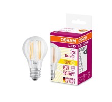 Лампа светодиодная филаментная LED STAR Classic A 8W, прозрачная колба, Е27 LEDSCLA75 8W/827 230V FIL E27 FS1  4058075055339  Osram