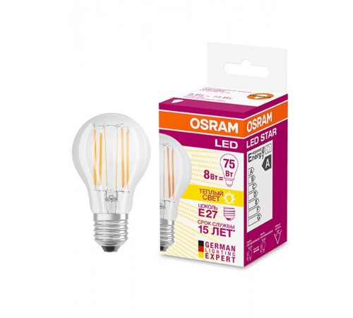 Лампа светодиодная филаментная LED STAR Classic A 8W, прозрачная колба, Е27 LEDSCLA75 8W/827 230V FIL E27 FS1  4058075055339  Osram