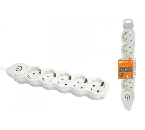 Удлинитель бытовой "Люкс" УЛ05В выкл, 5 гнезд, 3м, с/з, с з/ш, ПВС 3х1мм2 16А/250В бело-серый  SQ1303-0137  TDM