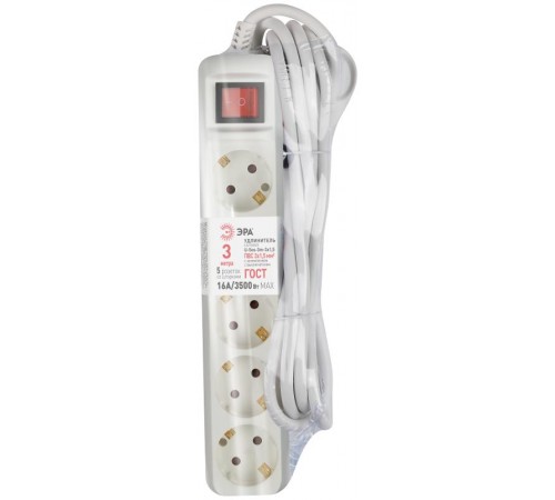 Удлинитель электрический U-5es-3m-3x1,5 с заземлением с выключателем 5 розеток 3м ПВС 3x1,5мм2 16А  Б0044044  ЭРА