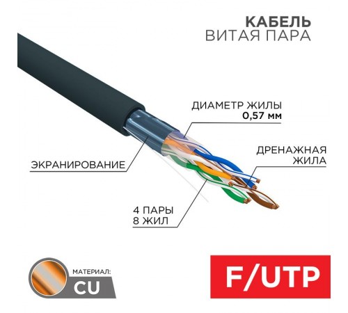 Кабель витая пара F/UTP, CAT 6, PE, 4PR, 23AWG, OUTDOOR, SOLID, черный, 305м REXANT  01-0158  REXANT