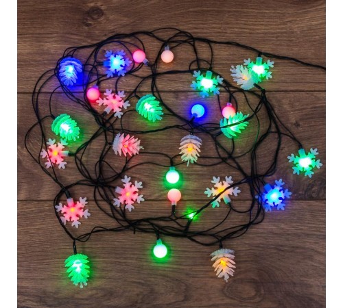Гирлянда светодиодная универсальная с насадками (шарики, снежинки, елочки) 30 LED МУЛЬТИКОЛОР, 4,4 метра с контроллером  303-064  NEON-NIGHT