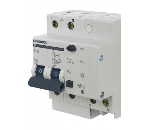 Выключатель автоматический дифференциального тока АД12 2п 50А C 300мА тип AC (4 мод)  MAD15-2-050-C-300  GENERICA