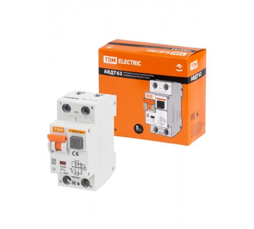 Выключатель автоматический дифференциального тока АВДТ 63 2Р(1Р+N) C6 30мА 6кА тип А  SQ0202-0100  TDM