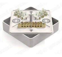 Коробка уравнивания потенциалов (КУП) 100х100х29мм с общей шиной 6х9. 8групп. с клеммной колодкой ЗВИ-10 6 клемм. наклейка "заземление" в комплекте. ц