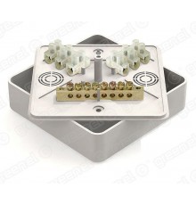 Коробка уравнивания потенциалов (КУП) 100х100х29мм с общей шиной 6х9. 8групп. с клеммной колодкой ЗВИ-10 6 клемм. наклейка "заземление" в комплекте. ц