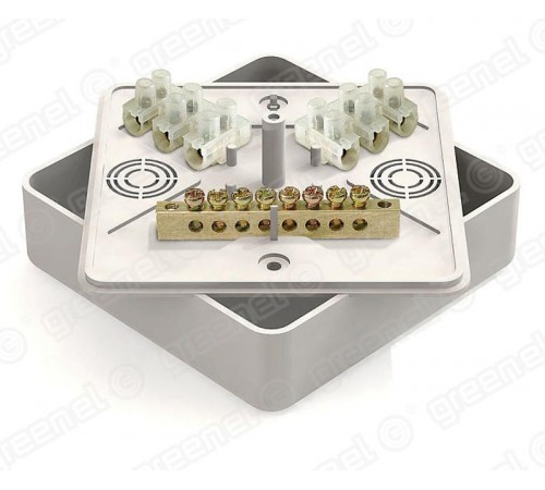 Коробка уравнивания потенциалов (КУП) 100х100х29мм с общей шиной 6х9. 8групп. с клеммной колодкой ЗВИ-10 6 клемм. наклейка "заземление" в комплекте. ц