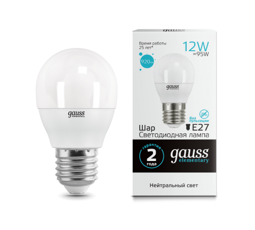 Лампа светодиодная LED Elementary Шар 12W 920lm E27 4100K  53222  Gauss
