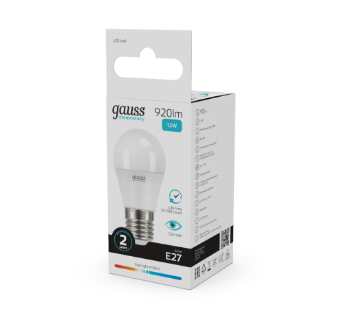 Лампа светодиодная LED Elementary Шар 12W 920lm E27 4100K  53222  Gauss