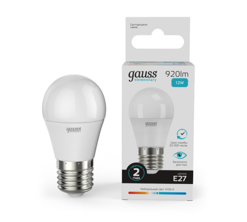 Лампа светодиодная LED Elementary Шар 12W 920lm E27 4100K  53222  Gauss