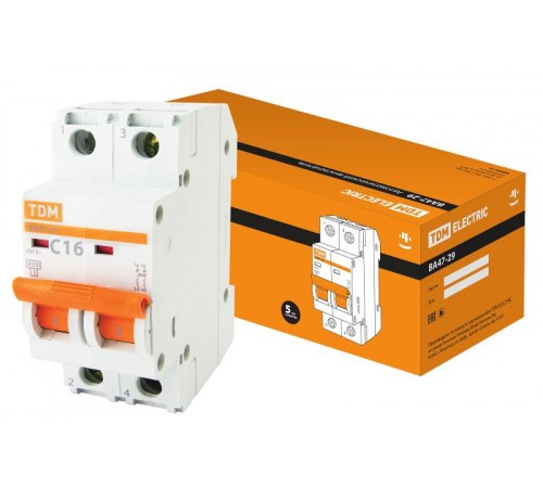 Выключатель автоматический двухполюсный ВА47-29 16А C 4,5кА  SQ0206-0093  TDM