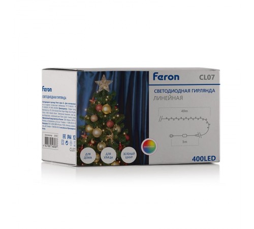 Гирлянда-нить CL07  400 диодов  мульти, 40м + 3м зеленый шнур, IP44  26782  FERON