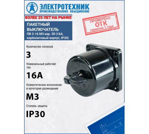 ПВ 3-16 М3 кар. 30 (16А, карболитовый корпус, IP30), выключатель пакетный (ЭТ)  ET003190  Электротехник