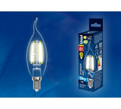 Лампа светодиодная LED-CW35-6W/WW/E14/CL PLS02WH LED. "свеча на ветру", прозр. Серия Sky. 3000К .  UL-00000200  Uniel